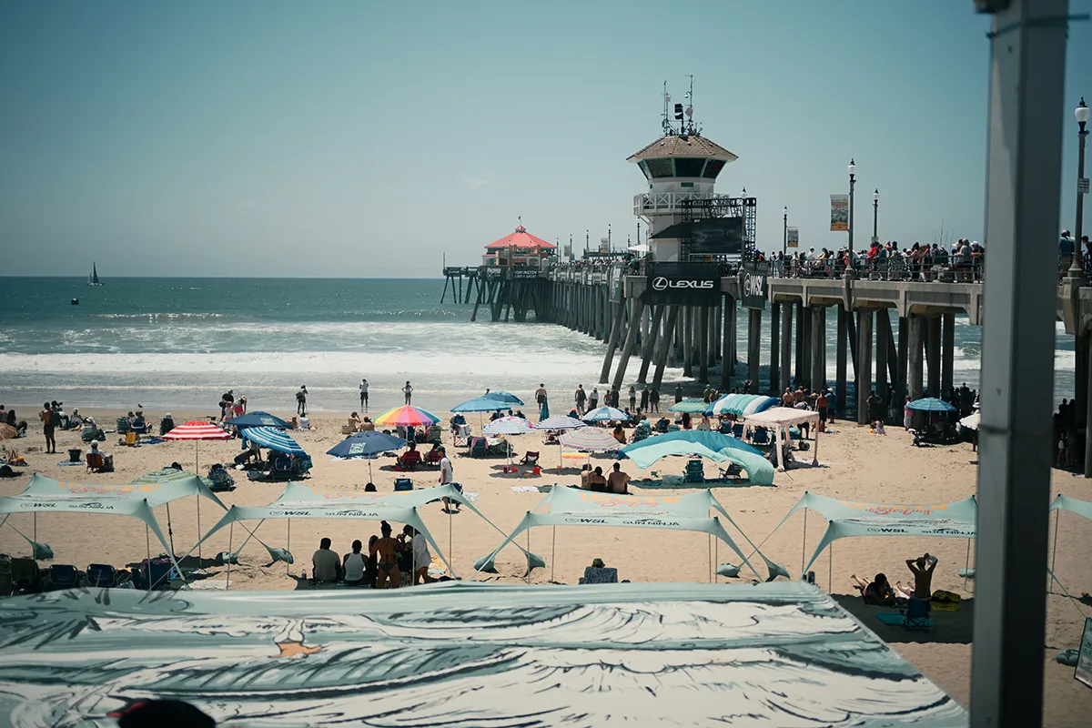 Huntington Beach pier seen from the sand during the US Open of Surfing